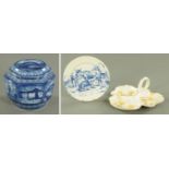 A Maling Ware "Ringtons Tea" blue and white biscuit barrel and cover with scenes of Newcastle