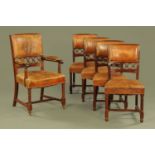 One carver arm and four single late Victorian/Edwardian dining chairs,