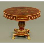 A veneered and simulated boulle marquetry centre table, with faceted centre column,