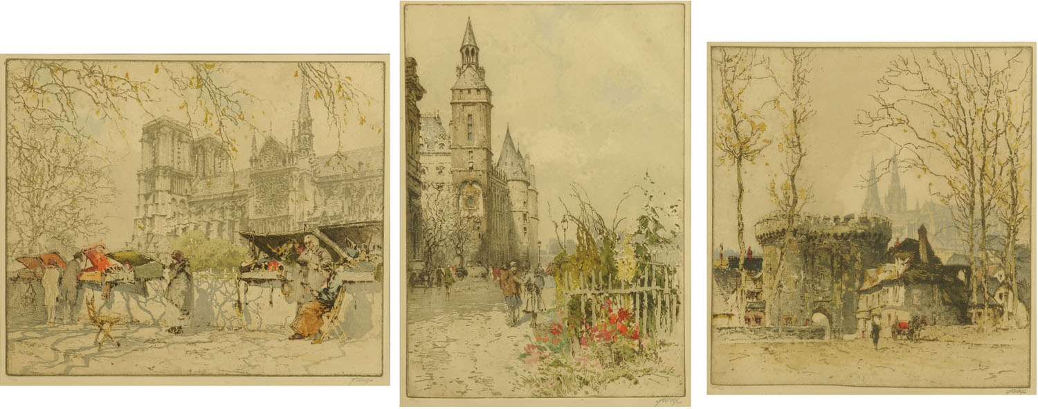Franz Wolf, three framed coloured etchings "Palais de Justice",