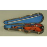 A 19th century violin, with interior label McIntyre ? *** Kirk ?, with unmarked bow, in case.