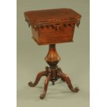 A Victorian rosewood worktable, with shaped frieze, wooden bag,