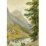 S. Arckwright, watercolour, mountain stream with chalet.