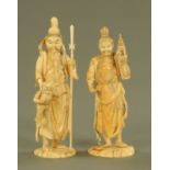 A pair of late 19th/early 20th century Japanese carved ivory figures, both signed to base,