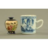 A miniature Satsuma ware vase, and a Chinese blue and white mug. Tallest 6.5 cm.
