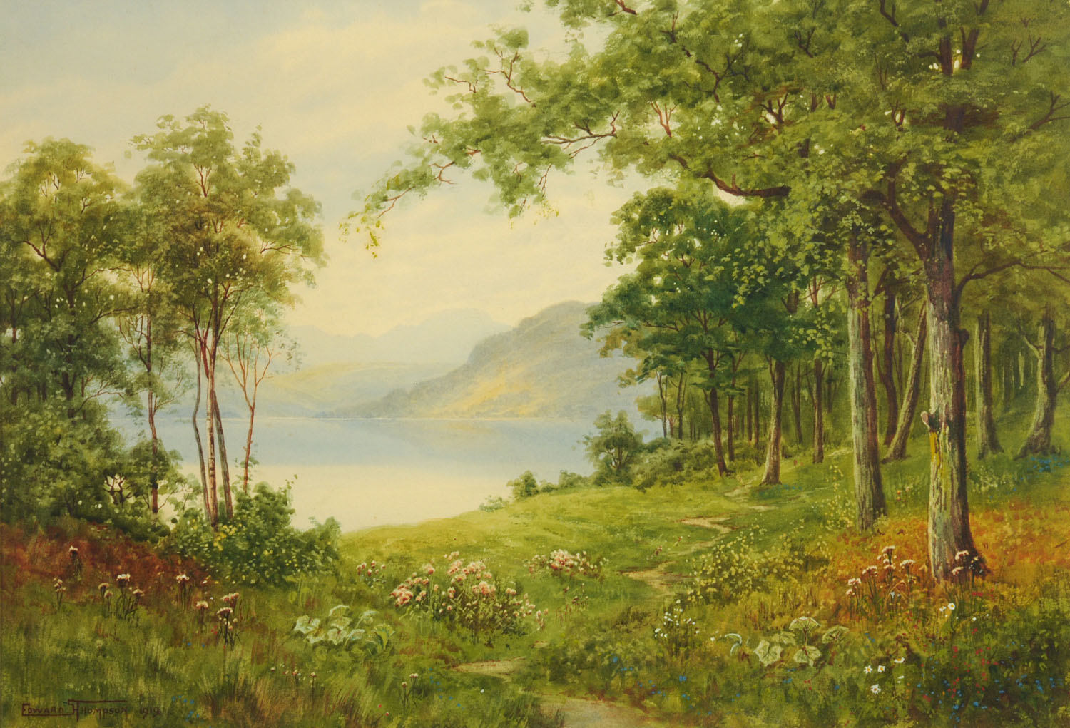 Edward Horace Thompson (1879-1949), watercolour, probably Derwentwater. 33 cm x 48.