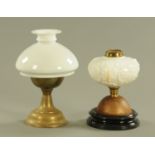 A Victorian brass oil lamp with opaque white glass shade, and another with similar reservoir only.