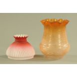 A Victorian glass oil lamp shade, orange and etched, diameter +/- 16 cm, and a stain glass shade,