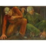 Derek Slater, oil on canvas "Miners", 89 cm x 120 cm, framed, signed (see illustration).