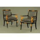 A pair of Empire style armchairs, ebonised and gilt and with upholstered back and loose cushion.