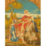 A 19th century woolwork tapestry, figures with camel in landscape. 56 cm x 43 cm, framed.