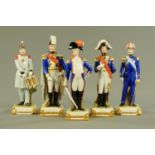 Five continental porcelain military figures,