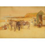 J. Atkinson, watercolour, beach scene with donkeys. 24 cm x 35 cm, framed, signed and dated 1907.