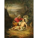 An oil painting on board, "The Good Samaritan". 33 cm x 25 cm, framed.