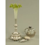 A Victorian silver plated single flute epergne, with green frosted glass flute, height 38 cm,