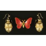 A pair of acorn form earrings, and an enamelled butterfly brooch. Brooch width 37 mm.