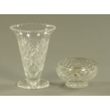 A cut glass trumpet shaped vase, height 22.5 cm, and a rose bowl, diameter 15 cm.