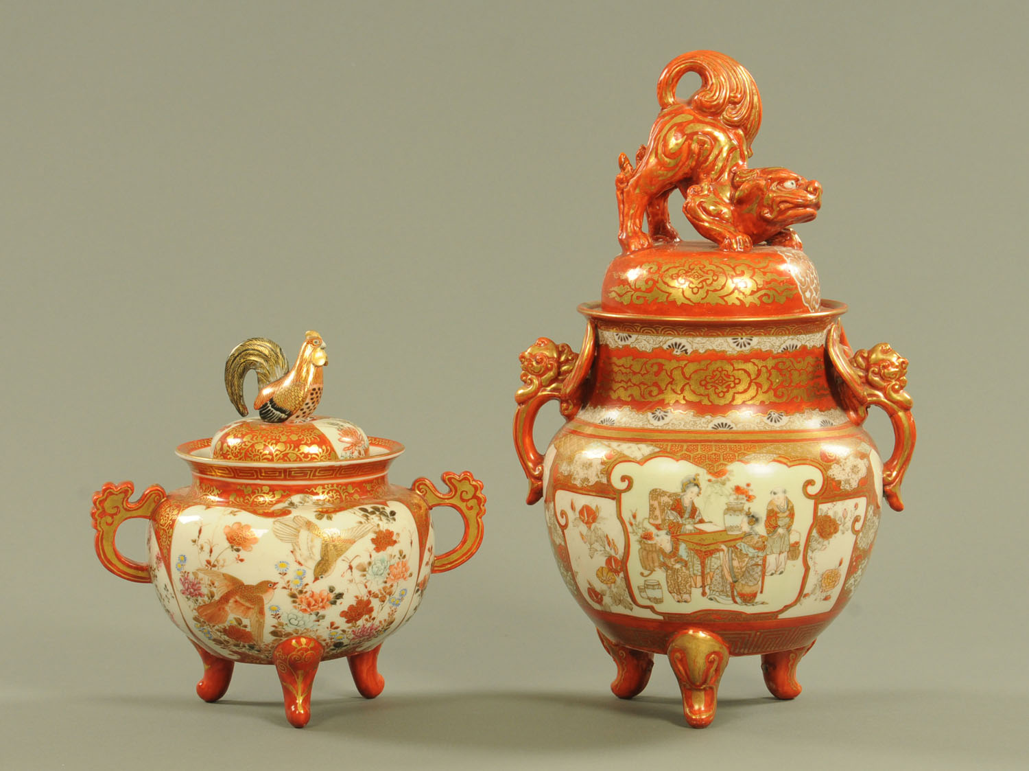 Two Kutani lidded vessels, both with loop handles to either side and both bearing character marks.