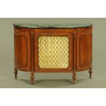 A mahogany credenza, with marble top and centre panelled cupboard door with grille,