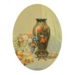H. Wallace, watercolour, oval, oriental vase and stand and still life of fruit.