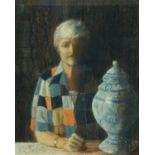 Pat Bellott, pastel, self-portrait with Spanish vase. 37 cm x 30 cm, framed, signed.