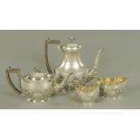 A four piece silver plated tea and coffee service, circa 1900, with ebonised knops and handles,