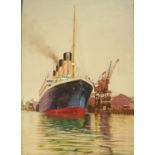 A watercolour of the Liner Olympic in Port, 38 cm x 28 cm.