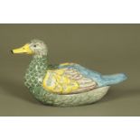 A 19th century Continental Faience tureen and cover in the form of a duck with initial N to the