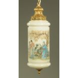 A cylindrical glass hall lantern, decorated with Oriental figural scenes. Height 54 cm.