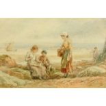Style of Birket Foster, watercolour, fisher folk. 11 cm x 16.5 cm, singed with initials.