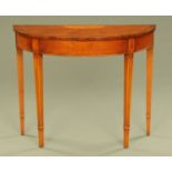 An Edwardian style inlaid satinwood and rosewood crossbanded demi-lune side table,