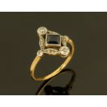 An 18 ct yellow gold Art Deco sapphire and diamond ring,