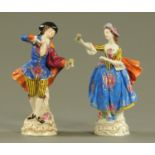 A pair of Continental porcelain dancing figures, male and female,