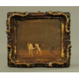 A 19th century oil painting on panel, dog in stable with broom. 15 cm x 15 cm, framed.