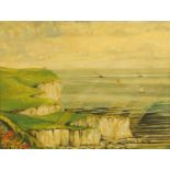 An oil painting on canvas, Scarborough Head with yachts and steam vessels. 45 cm x 60 cm, framed.