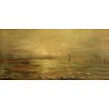 A 19th century oil painting on canvas, coastal scene at dusk. 19 cm x 39 cm, framed.