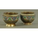 A pair of Chinese champleve enamel and brass jardinieres, 11.5 cm high, interior diameter 12 cm.