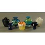 Two Mdina squat vases, two mushrooms, a ribbed vase and two Royal Brierley studio glass vases.