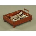 A 19th century rosewood rectangular tray, containing a quantity of plated cutlery. Length 30 cm.