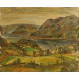 D M Sutherland, oil on board lake and mountain scene, 36 cm x 43 cm, framed, signed.