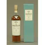 One bottle "Macallan" single malt fine oak 15 Scotch Whisky, boxed, cellar stored.