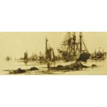 Stephen Parrish, engraving, coastal scene with vessels. 12 cm x 25 cm.