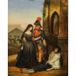 A 19th century painting on porcelain, post battle scene. 21 cm x 17 cm, framed.