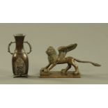 A Grand Tour Venetian bronze winged lion paperweight, length 16 cm, and a small Chinese bronze vase.