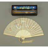 A Chinese ivory and silk embroidered fan, early 20th century,