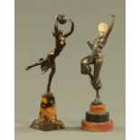 Two Art Deco style metal dancing figures, each raised on a marble base. Tallest 36 cm.