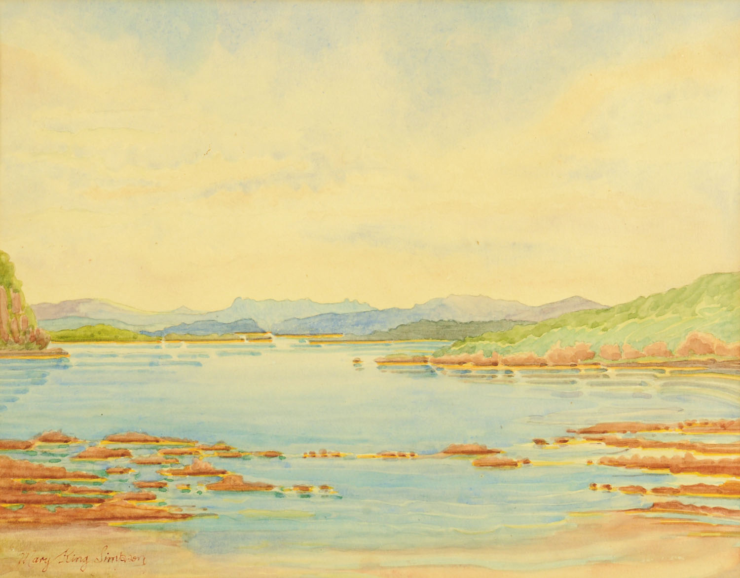 Mary King Simpson, watercolour, "Mother of Pearl Morning, Skye". 28 cm x 36 cm.