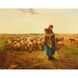 Oil on canvas, shepherdess with flock in lowland landscape.