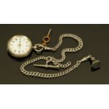 A silver foliate engraved fob watch, together with Albert chain, seal and key, case diameter 38 mm.
