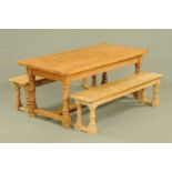 A pine farmhouse dining table and two pine benches. Table length 183.5 cm, width 87.5 cm.